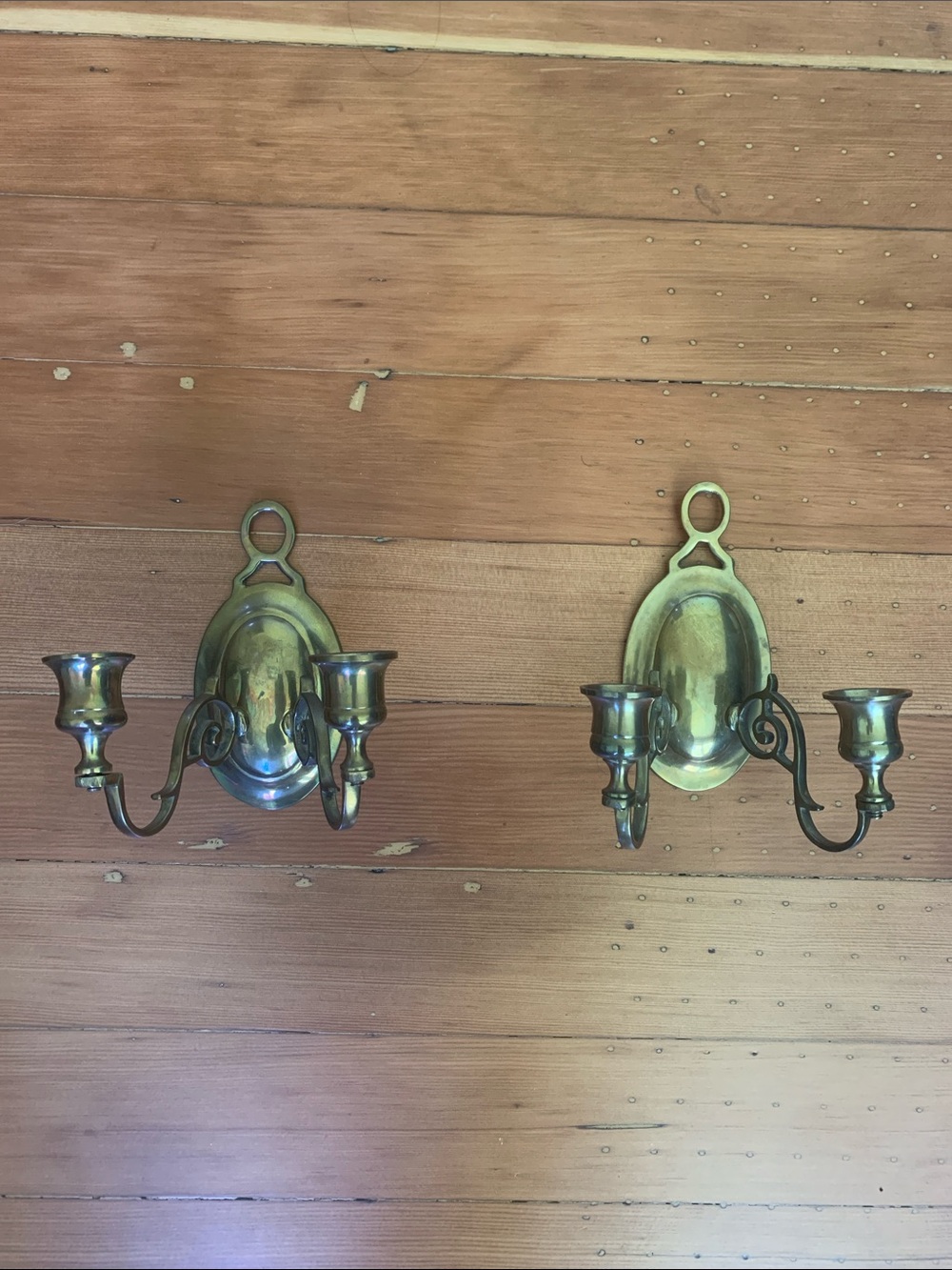 Vintage Pair of Brass Double Taper Candle Holder Sconces